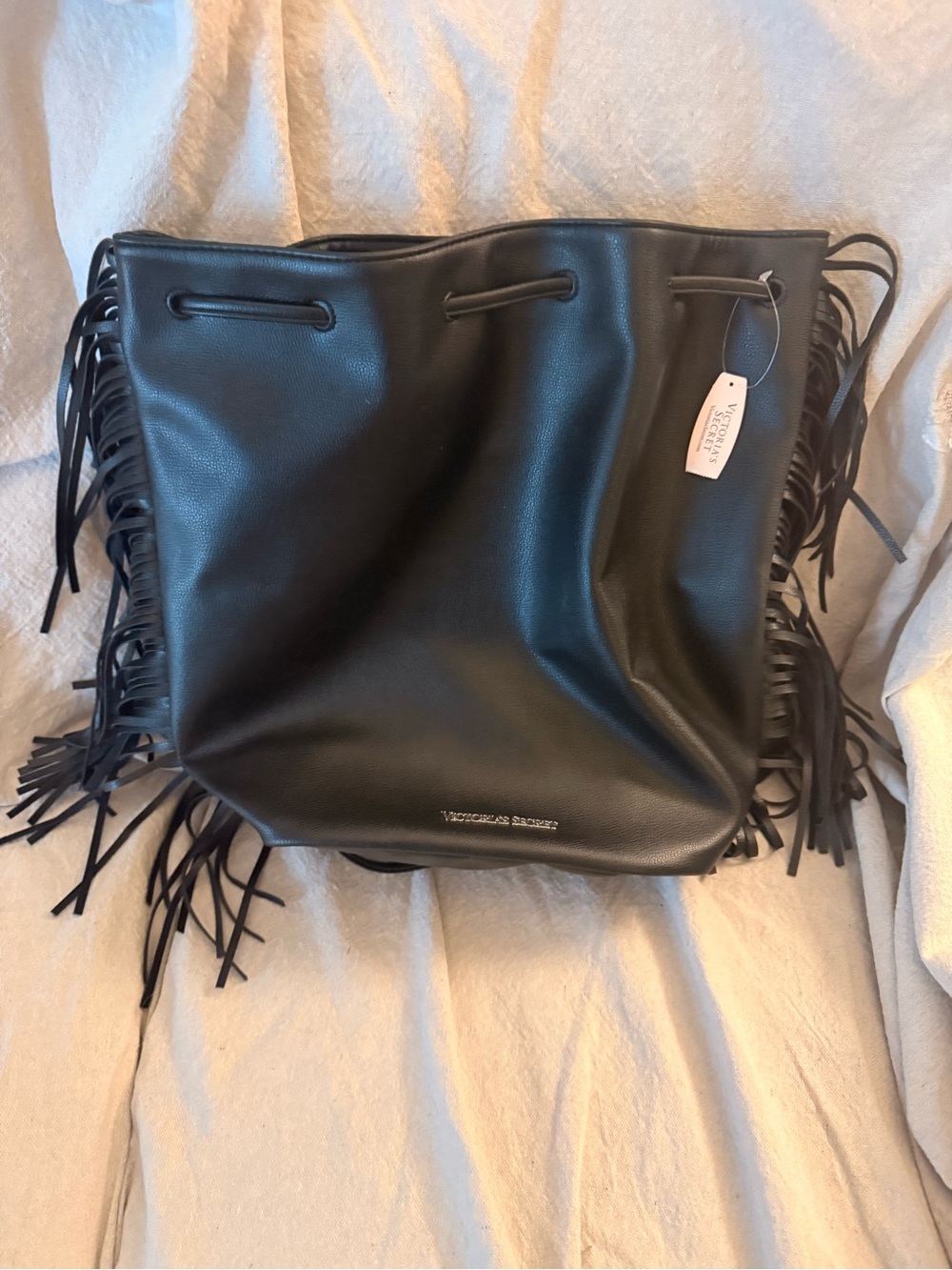 Victoria's Secret Black Fringe Drawstring Backpack